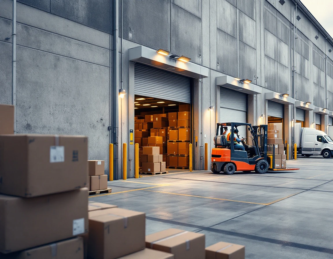 Distribution warehouse loading dock with forklift operator moving parcels during peak shipping operations