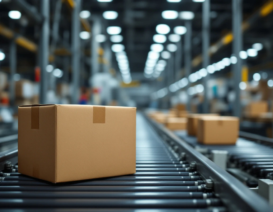 Plain brown cardboard boxes moving along industrial conveyor belt in distribution facility
