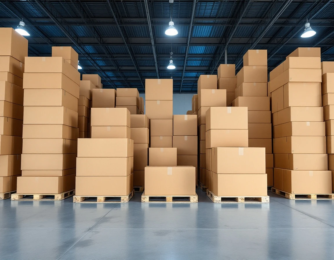 Cardboard shipping boxes stacked on warehouse pallets under industrial ceiling lights
