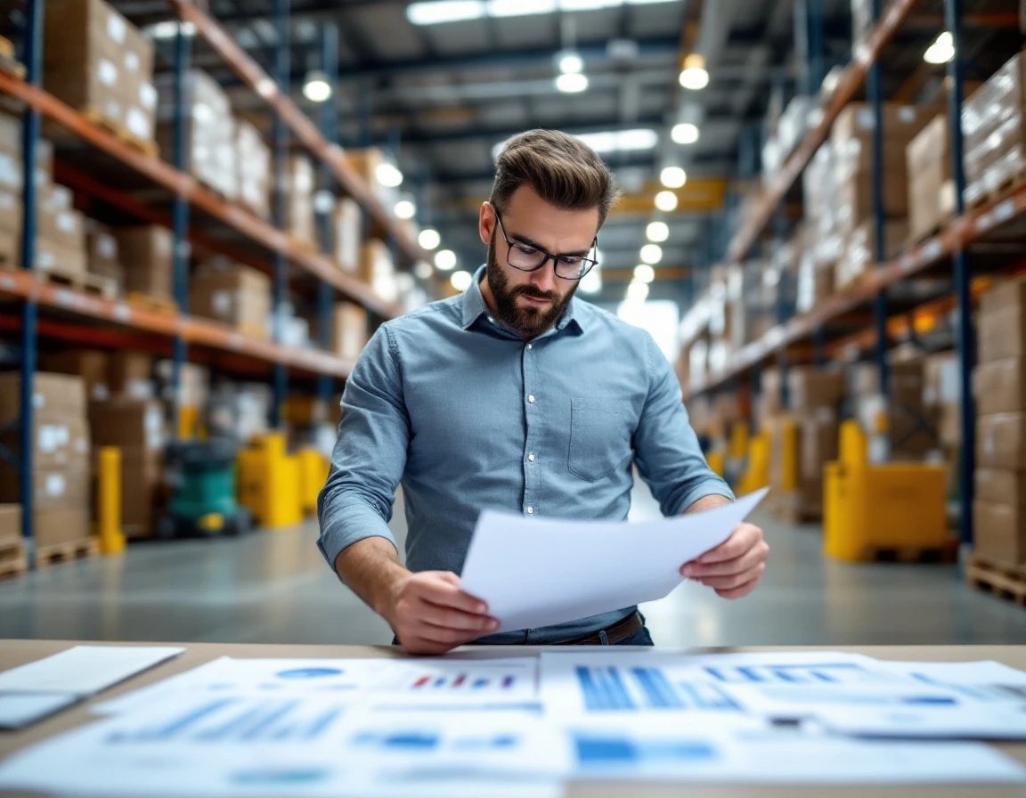 Warehouse manager reviewing capacity planning materials in distribution center workspace