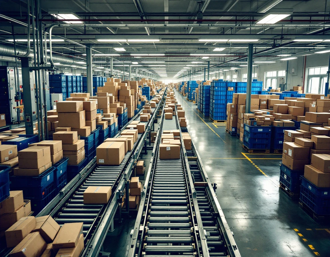 USPS mail sorting facility with conveyor belts and packages showing postal processing infrastructure