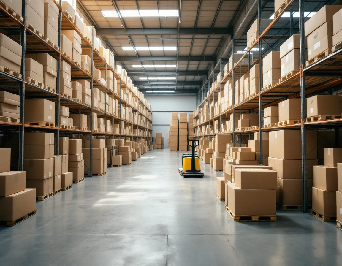 Warehouse interior with stacked unmarked packages on industrial shelving under natural daylight
