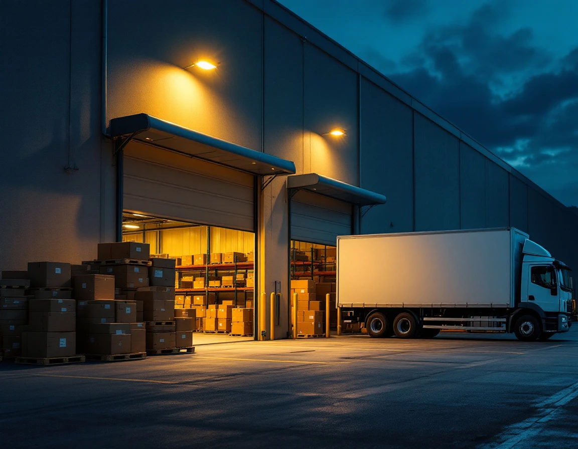 Nighttime logistics warehouse loading dock with unmarked boxes and delivery truck under practical warehouse lighting