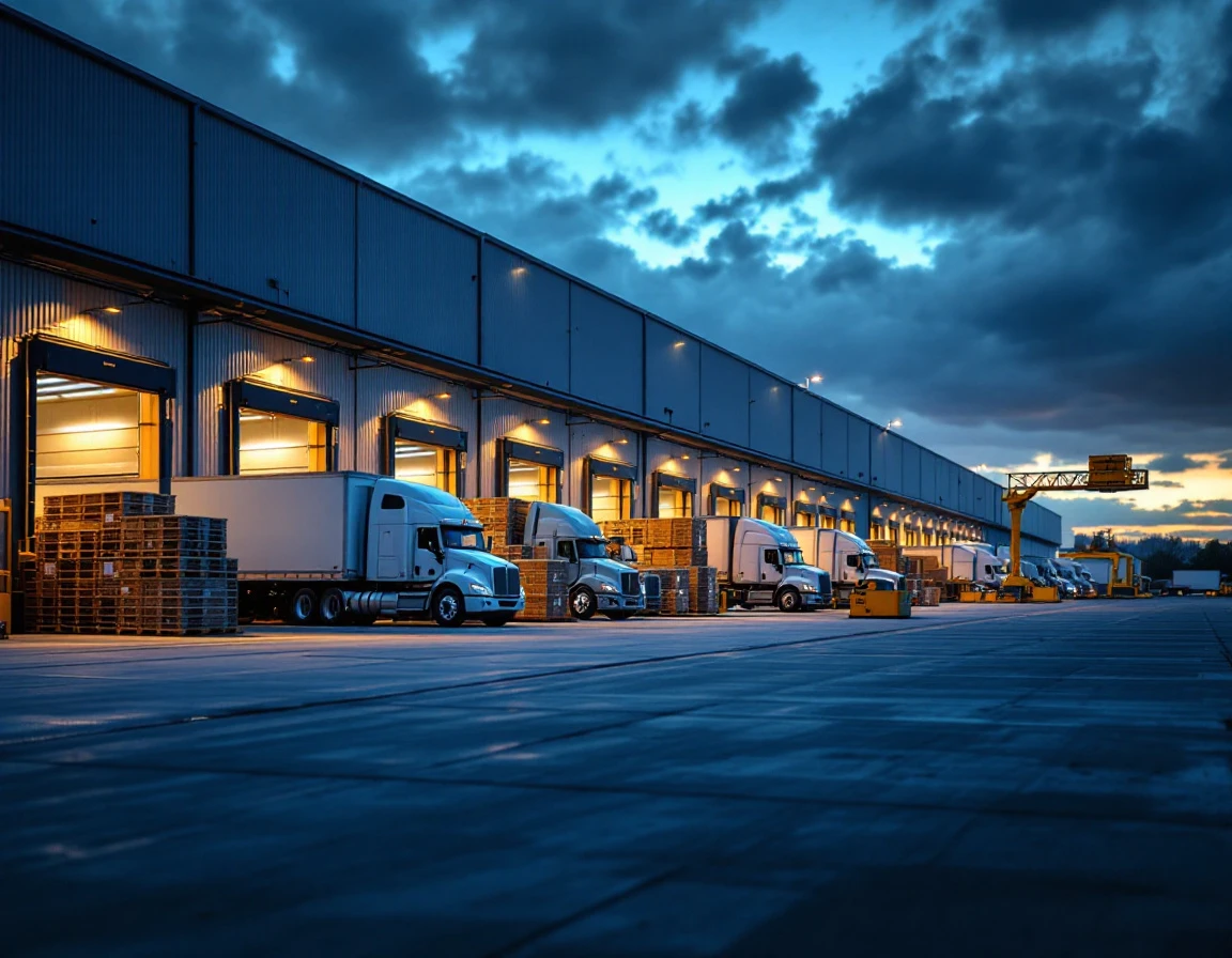 Commercial warehouse loading dock with freight trucks and shipping pallets at distribution center