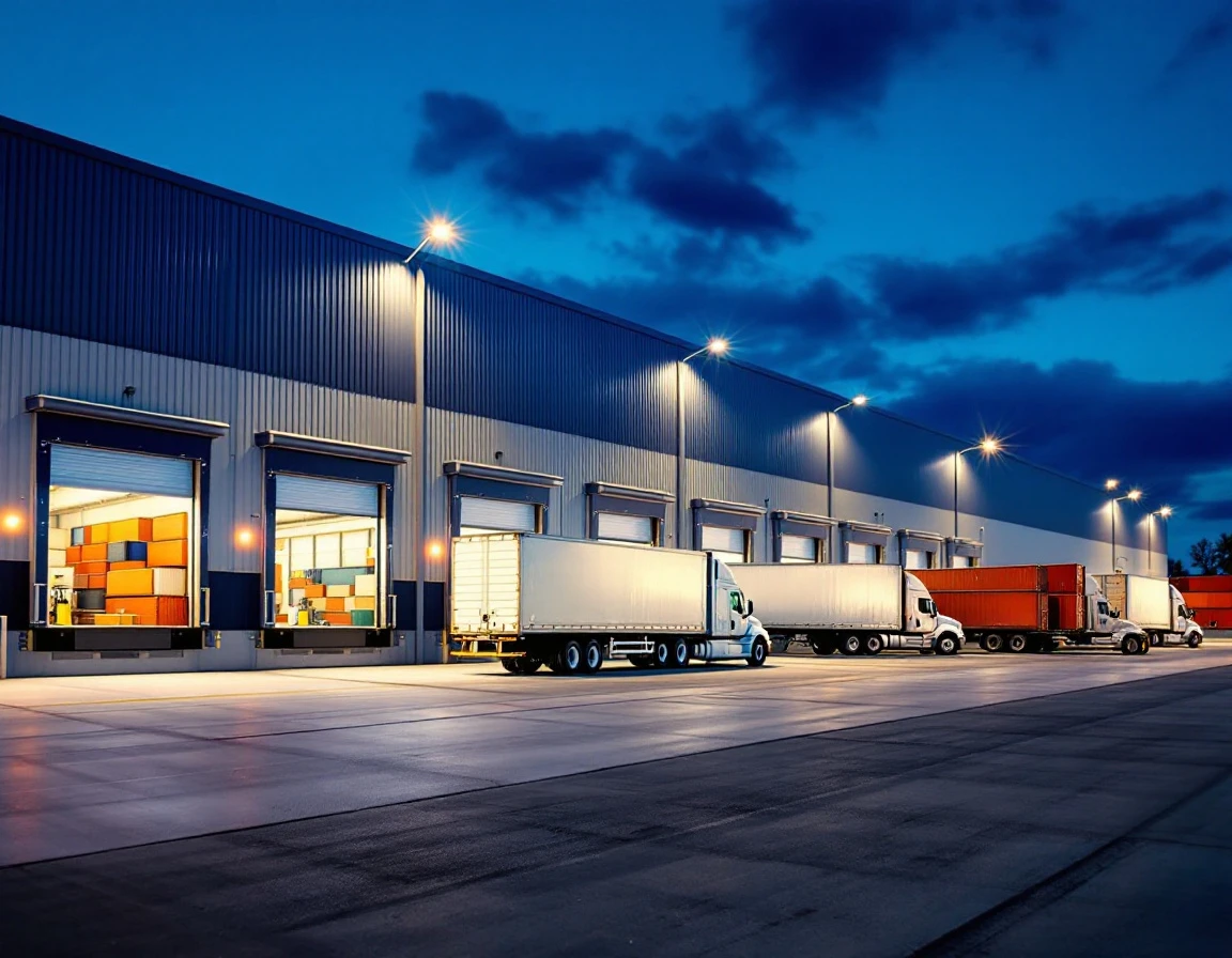 Freight warehouse loading docks at dusk with semi-trailers backed into bays during peak shipping operations