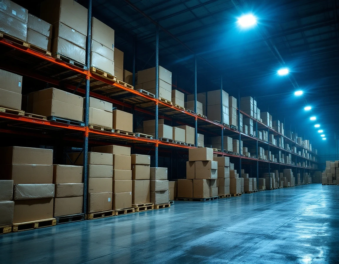 Unlabeled cardboard boxes stacked on industrial warehouse shelving under night lighting