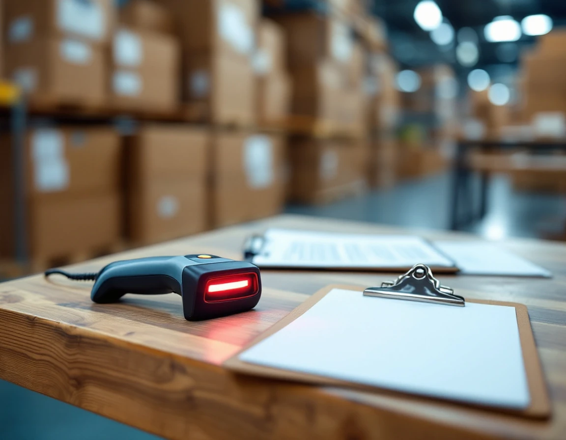 Barcode scanner and shipping materials on warehouse work surface with cardboard boxes in background