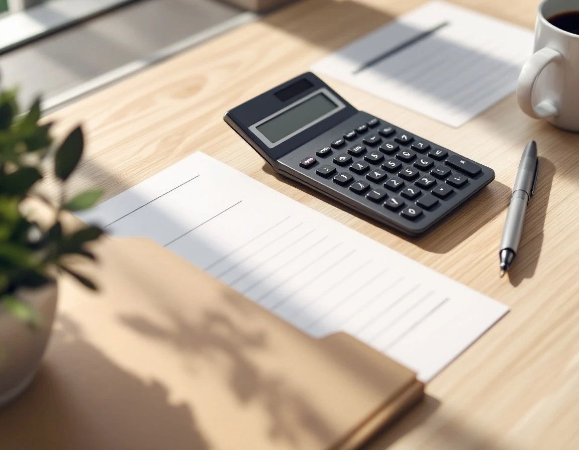Calculator and blank papers on office desk representing shipping refund claim documentation and cost recovery
