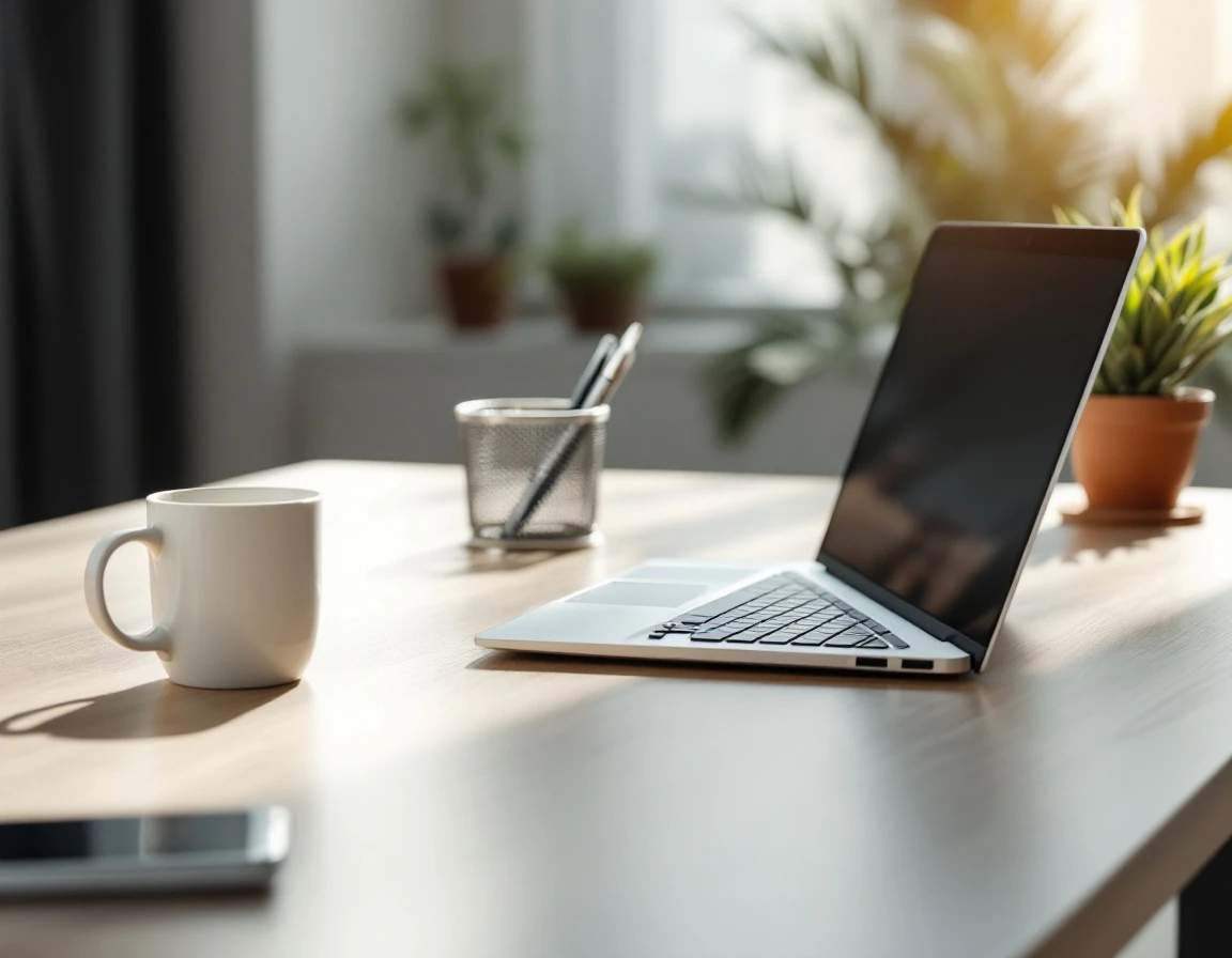 Clean desk workspace with laptop, coffee mug, and metal pen holder in morning light