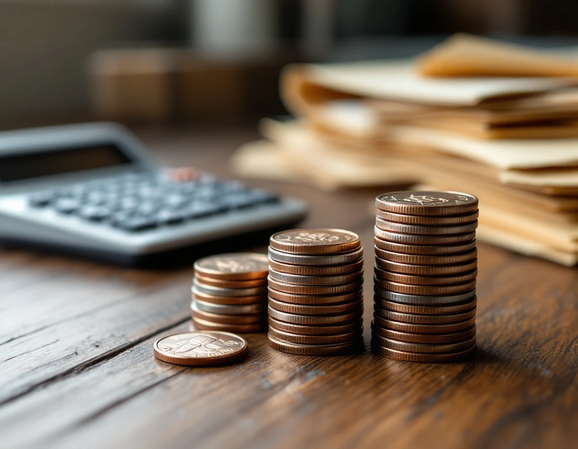 Stacked coins on desk with blurred financial documents representing refund recovery calculations