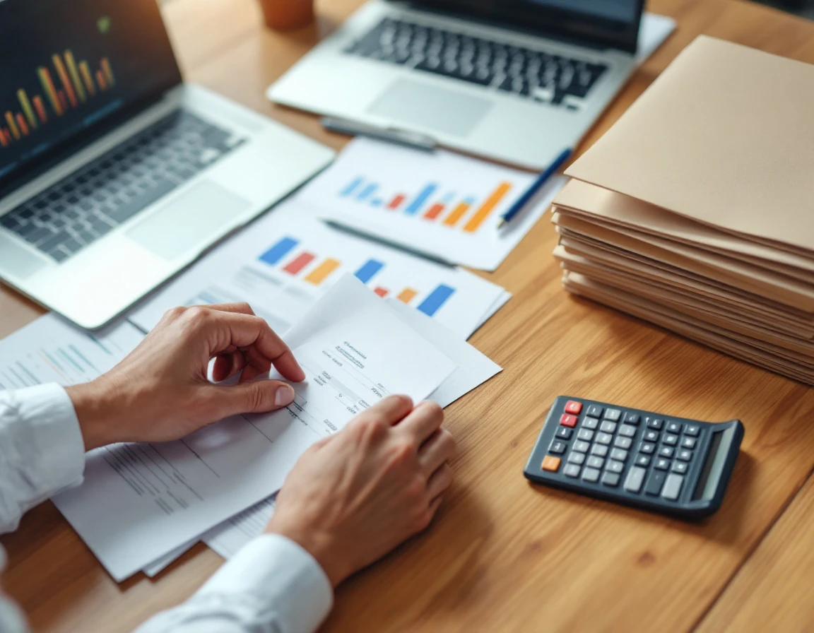 Hands reviewing blank financial documents and charts on organized office desk with calculator and folders