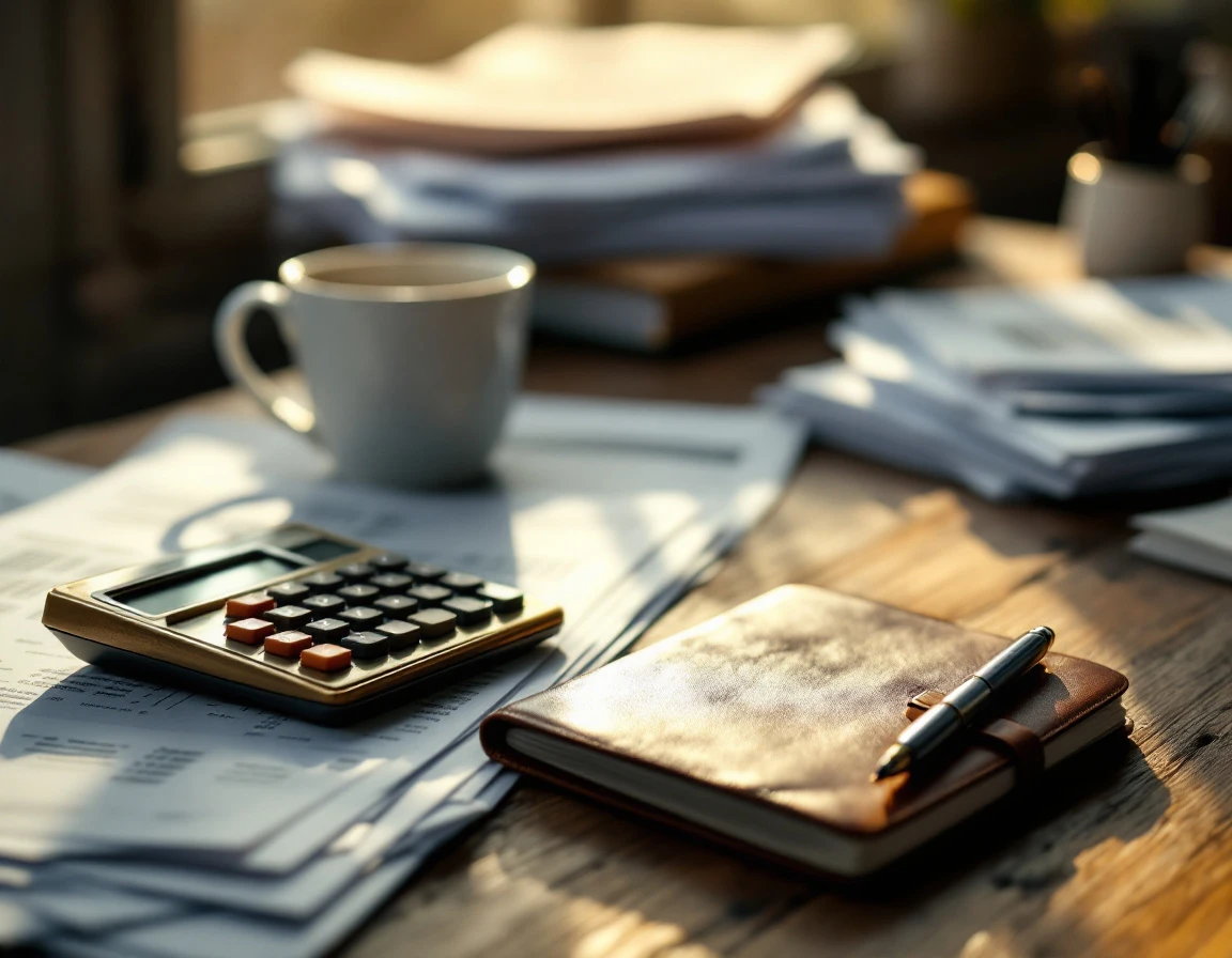 Calculator, coffee cup, and blurred paperwork on wooden desk suggesting financial analysis workspace