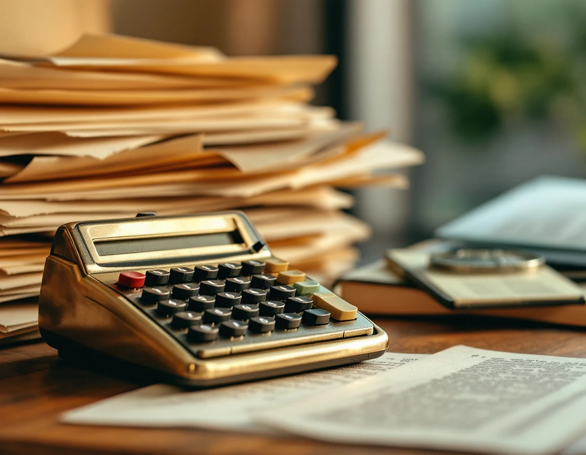 Brass calculator and stacked financial documents on wooden desk with warm natural lighting