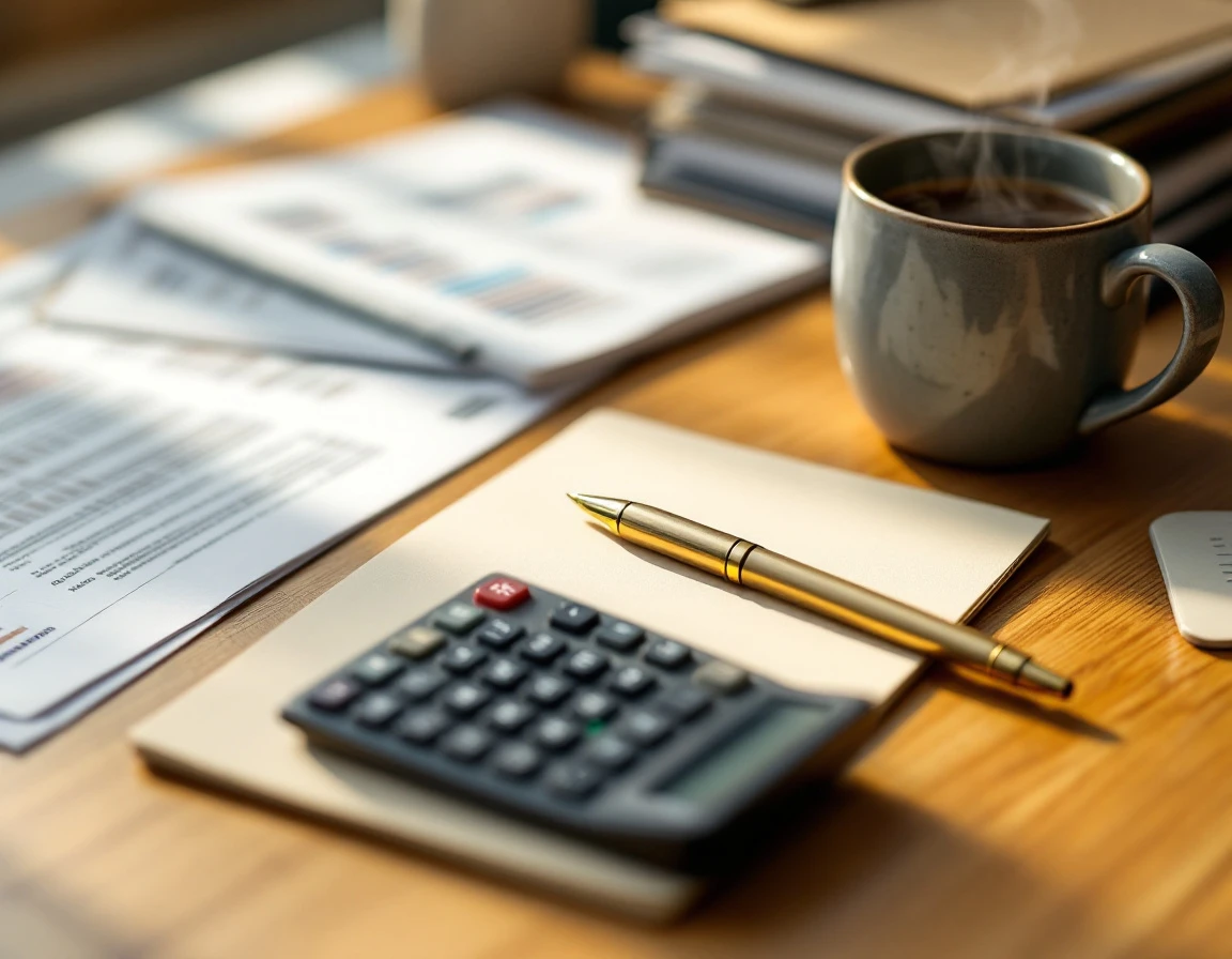 Calculator and financial documents on wooden desk with intentionally blurred details creating abstract office workspace