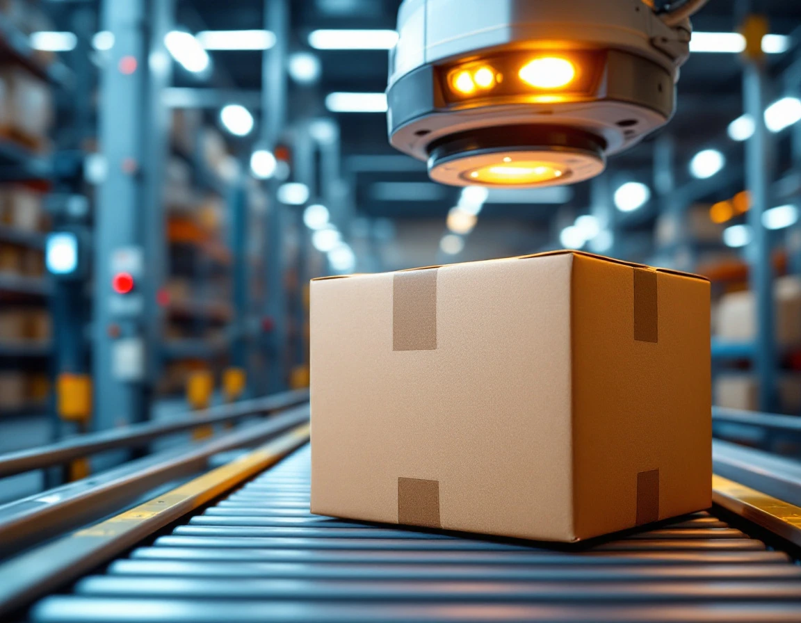 Overhead scanning camera inspecting parcel on automated warehouse conveyor belt system