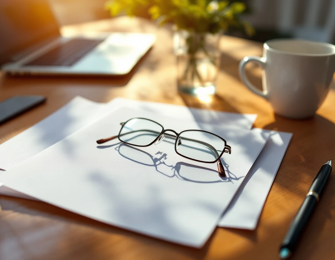 Professional workspace desk with laptop, glasses, and blank papers lit by golden hour sunlight