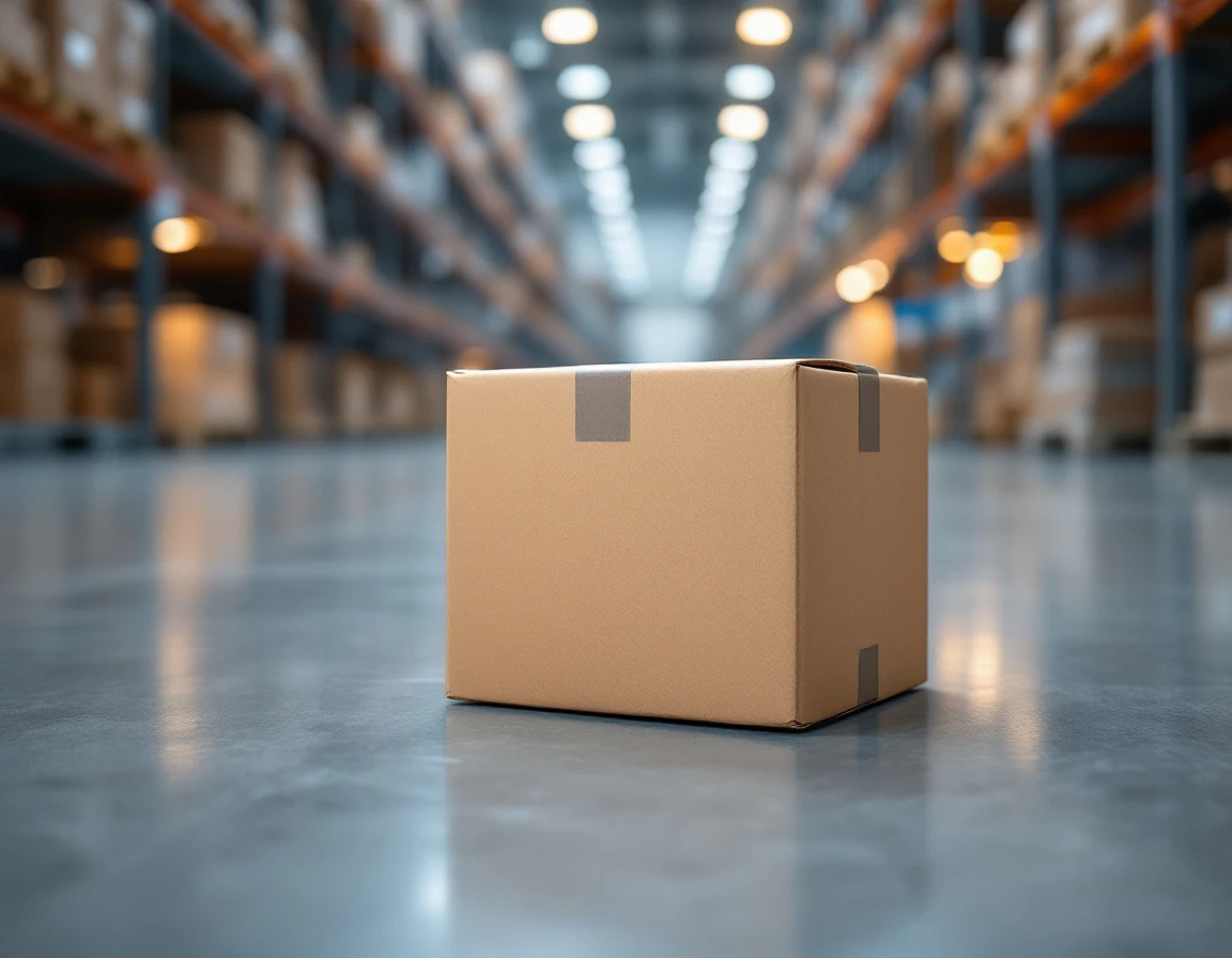 Cardboard parcel on warehouse floor with natural overhead lighting casting realistic shadows