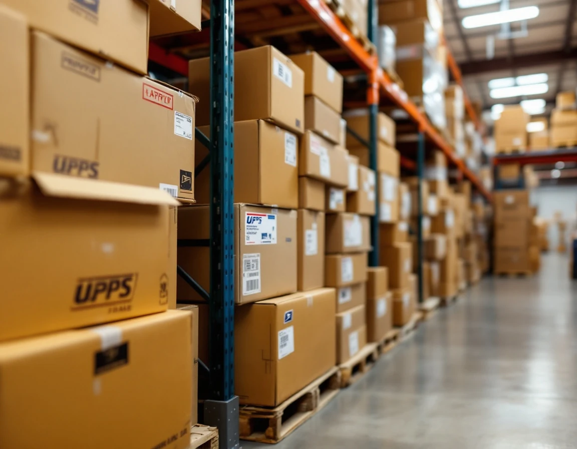 Stacked shipping boxes of varying dimensions on warehouse shelving with USPS packaging materials