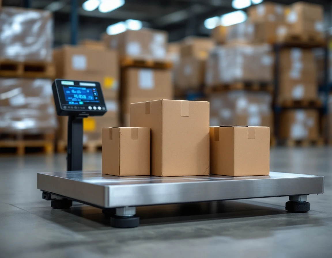 Industrial shipping scale with stacked boxes of different sizes on warehouse floor, demonstrating dimensional measurement
