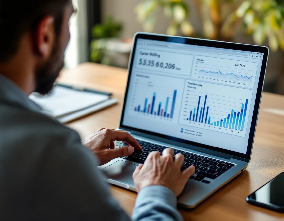 Professional reviewing carrier billing data on laptop with natural lighting and shallow depth of field