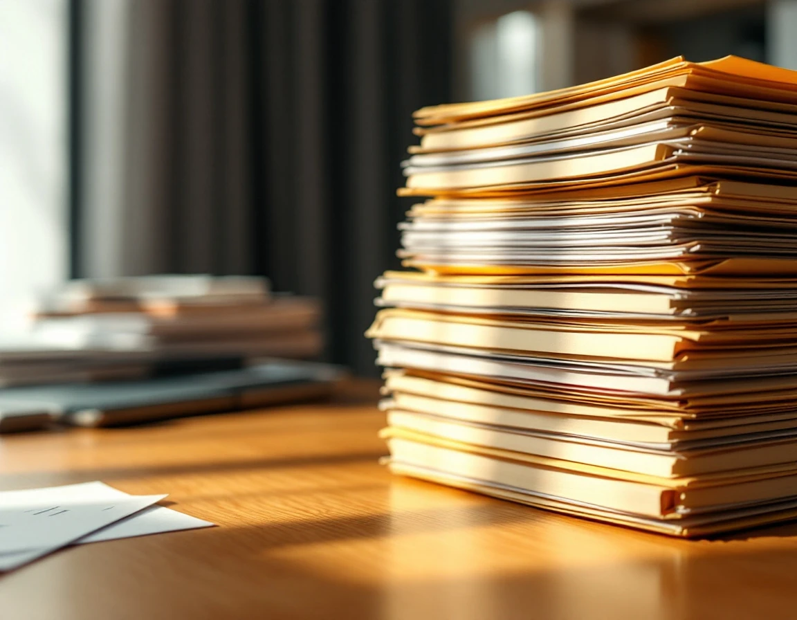 Tiered file folders arranged on desk representing account hierarchy and billing structure levels