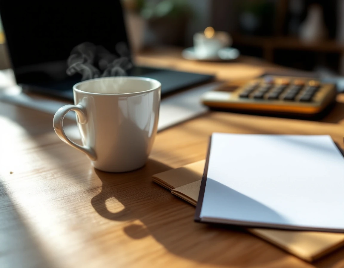 Clean wooden desk with laptop, calculator, blank notepad, and coffee mug for invoice auditing work