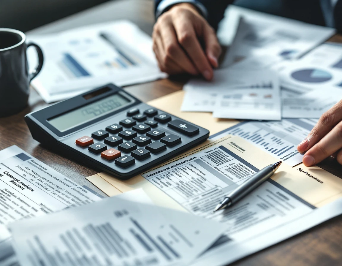 Calculator and blurred financial reports on office desk with natural lighting