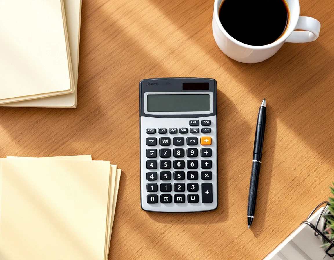 Calculator and coffee on clean wooden desk workspace with natural lighting