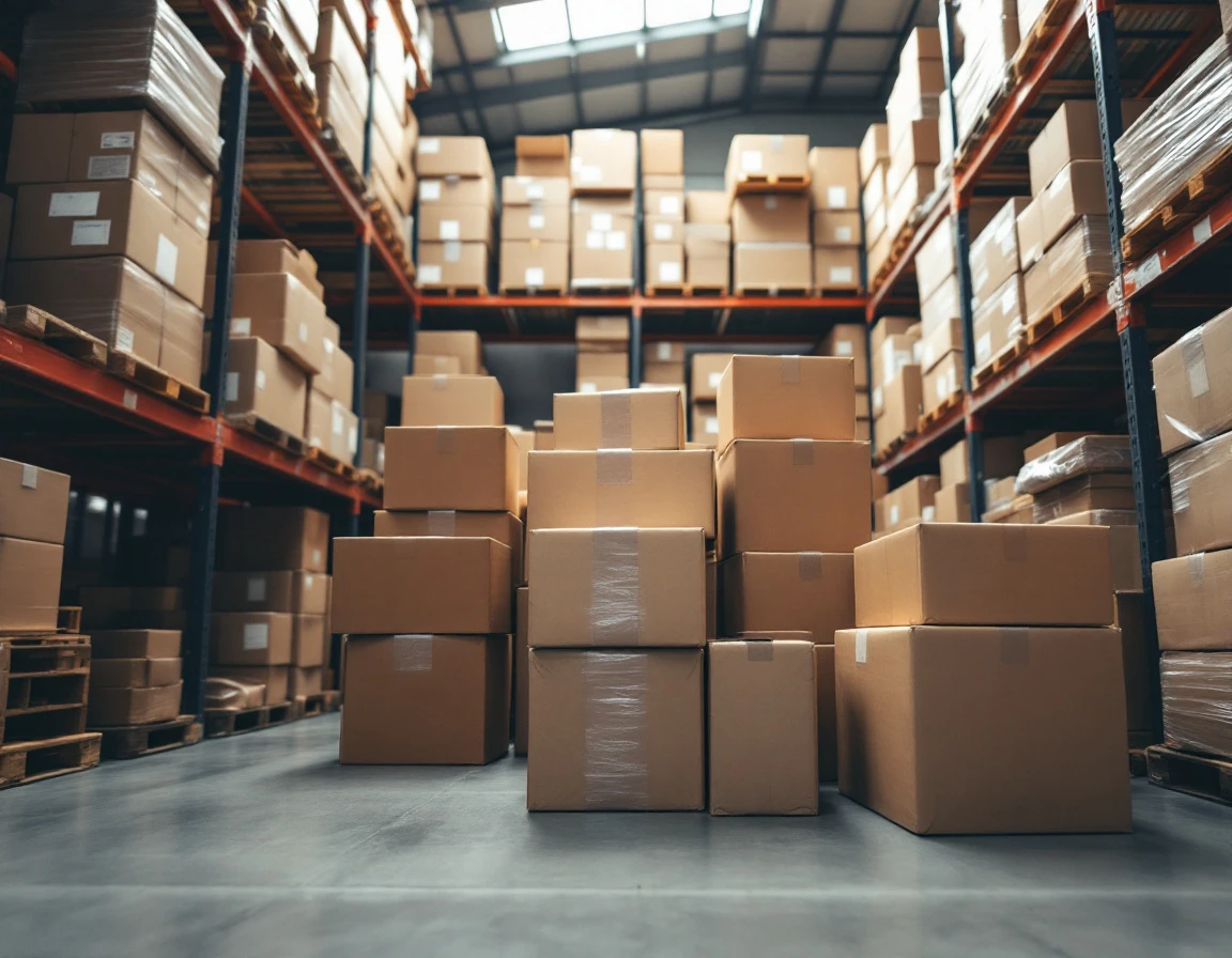 Unmarked cardboard boxes stacked on warehouse shelving in a logistics facility