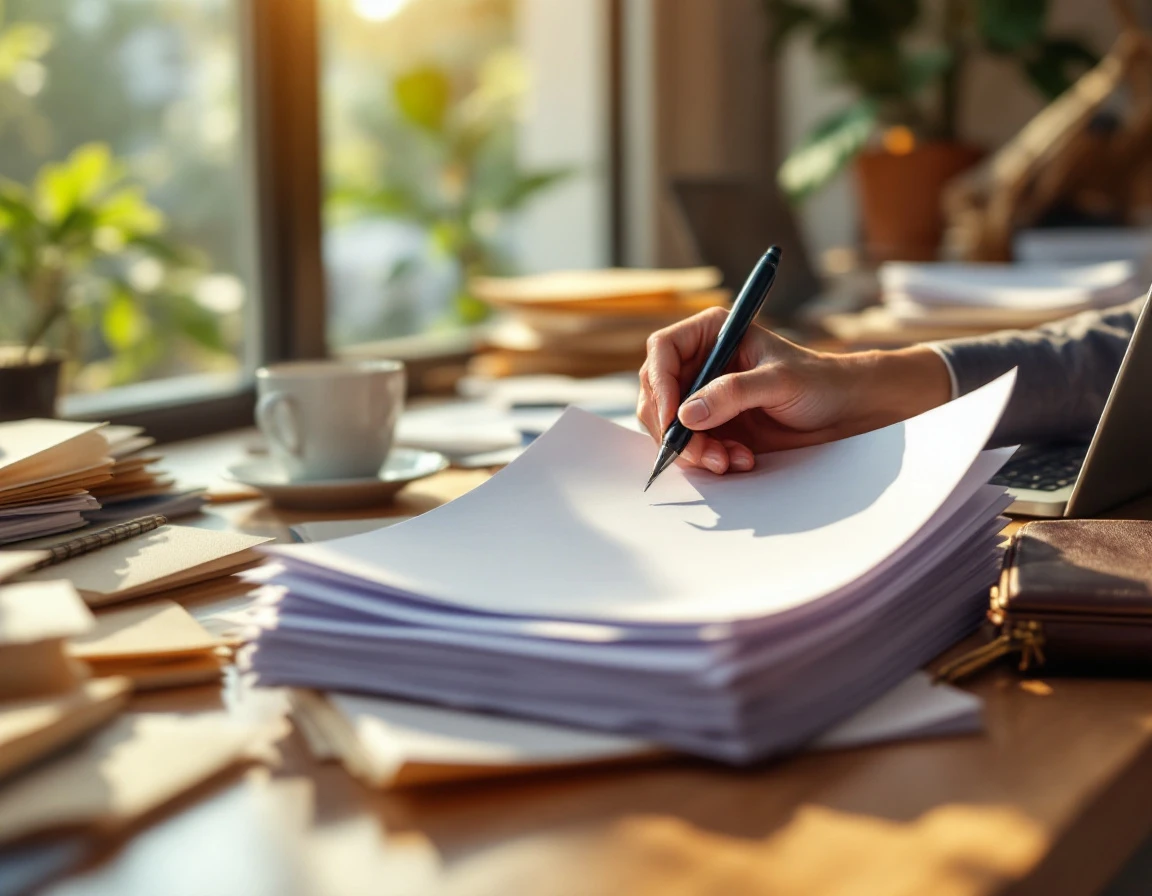 Business desk with coffee, laptop, and paperwork suggesting deadline-focused refund claim processing work