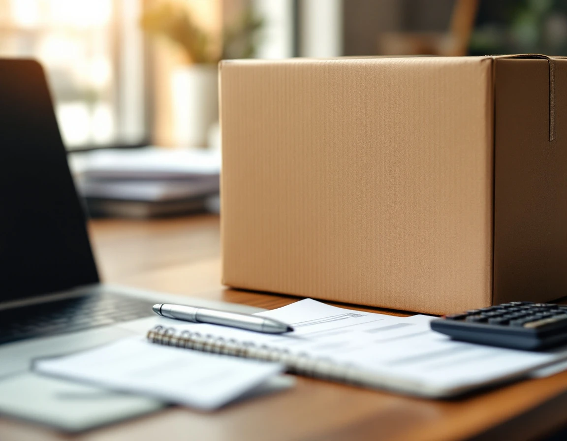 Cardboard shipping package on desk with laptop and blurred paperwork in natural office lighting