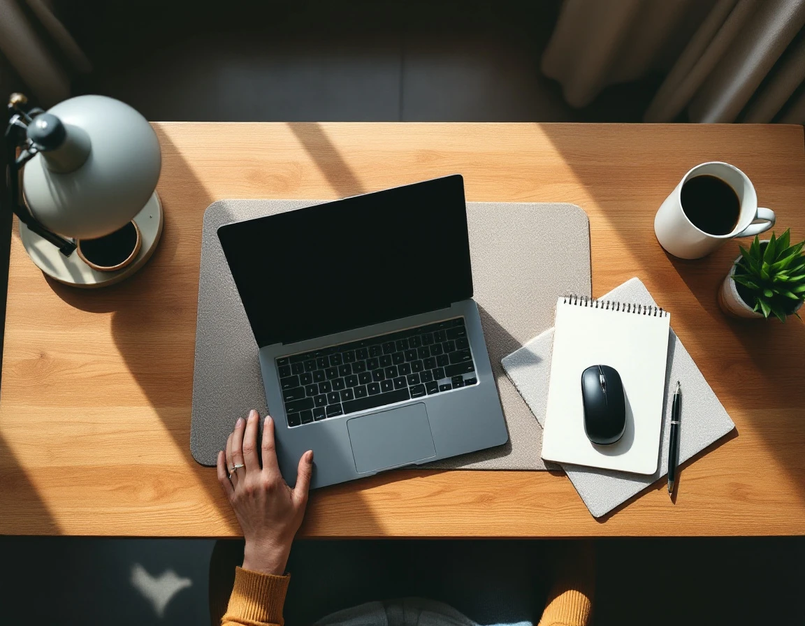 Overhead view of organized desk workspace with laptop, coffee, and office supplies for productivity tracking