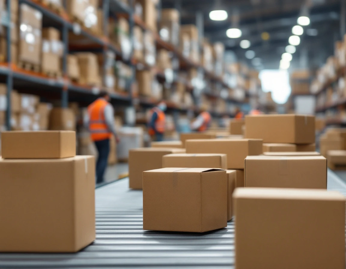 Warehouse packages on conveyor system during peak holiday shipping season with workers sorting in background