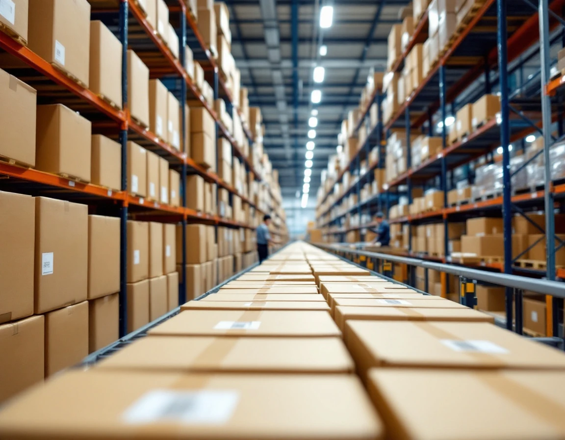 Warehouse conveyor system with unmarked cardboard boxes during peak shipping season operations