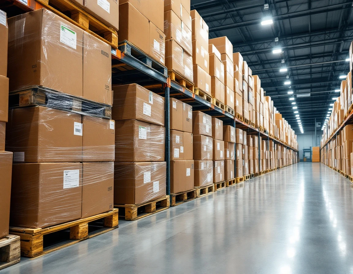Stacked shipping boxes on pallets in organized warehouse rows during peak holiday fulfillment season