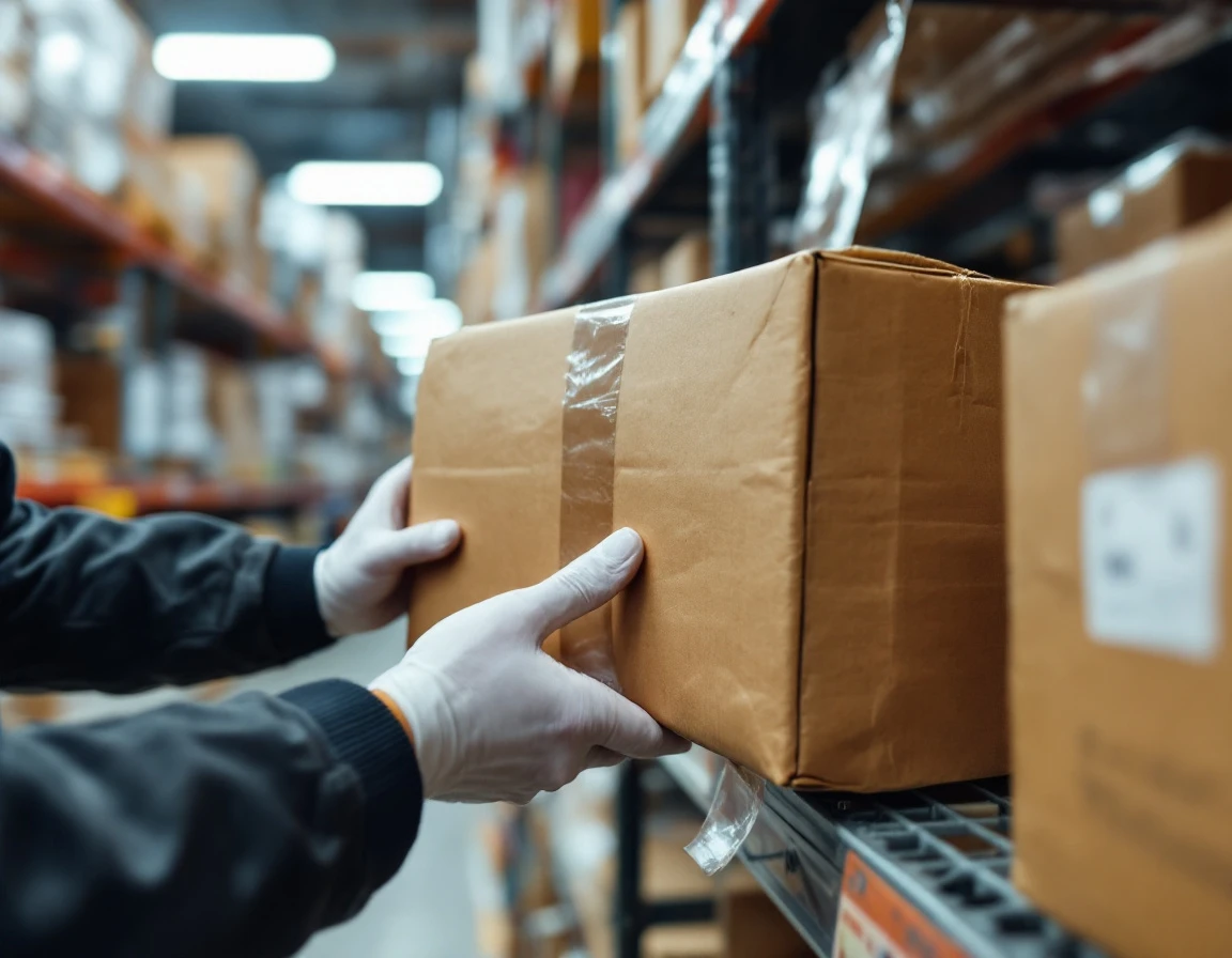 Warehouse worker inspecting cardboard packages on shelving during peak shipping season operations