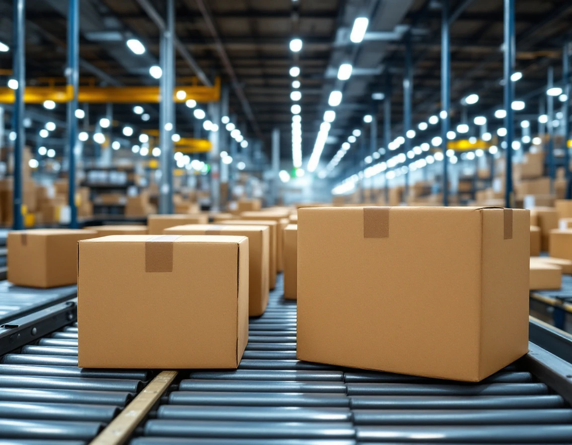 Conveyor belt with unmarked cardboard packages moving through warehouse during holiday shipping peak