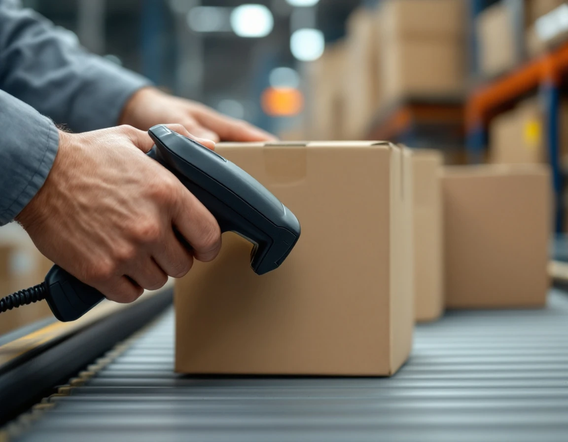 Warehouse worker scanning unmarked package with handheld device during holiday shipping peak season
