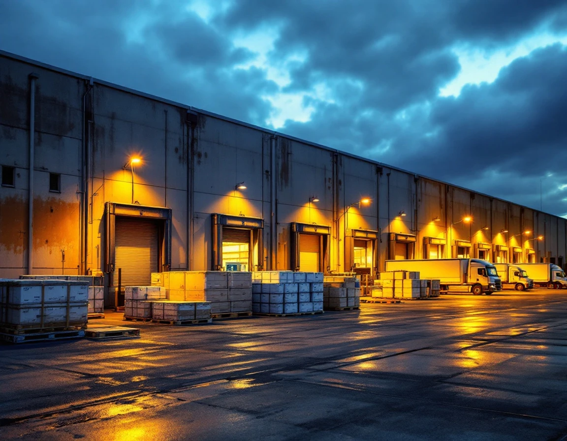 USPS distribution center loading dock with delivery trucks during evening sorting operations