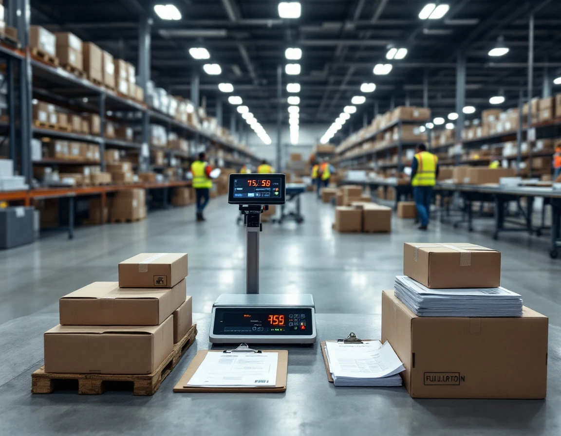 Shipping scale and billing documents in warehouse fulfillment center showing package audit process
