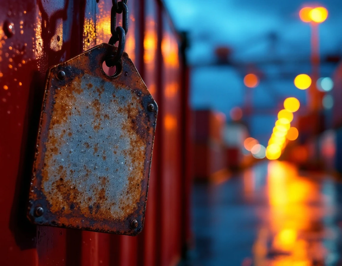 Weathered metal inspection tag on shipping container at port terminal showing physical audit trail markers