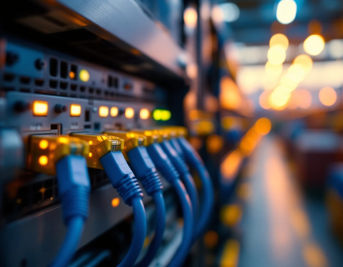 Network cables and server infrastructure at shipping logistics data center during evening operations