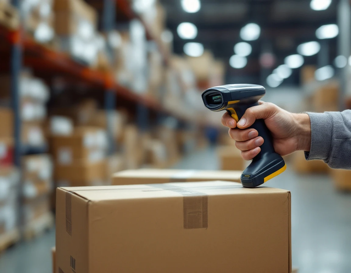 Barcode scanner positioned over weathered shipping boxes during warehouse inventory verification