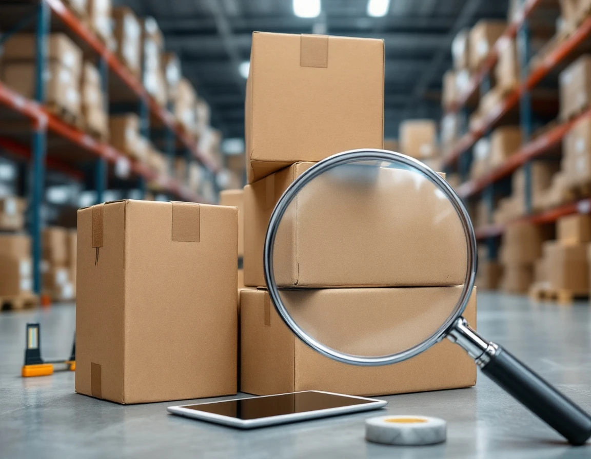 Magnifying glass inspecting cardboard shipping boxes on warehouse shelving with logistics audit tools