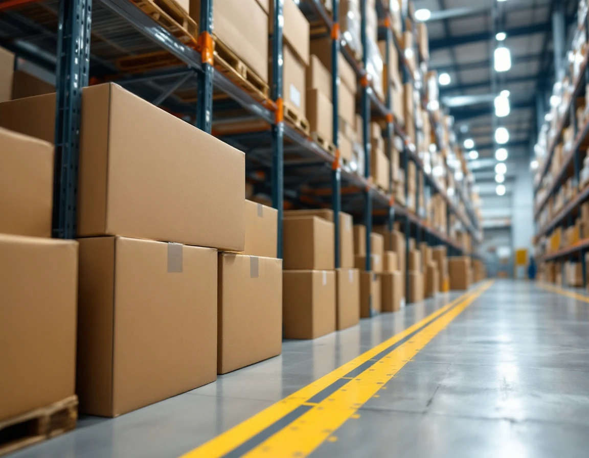 Unmarked cardboard boxes stacked in warehouse aisle with yellow floor markings during peak shipping season