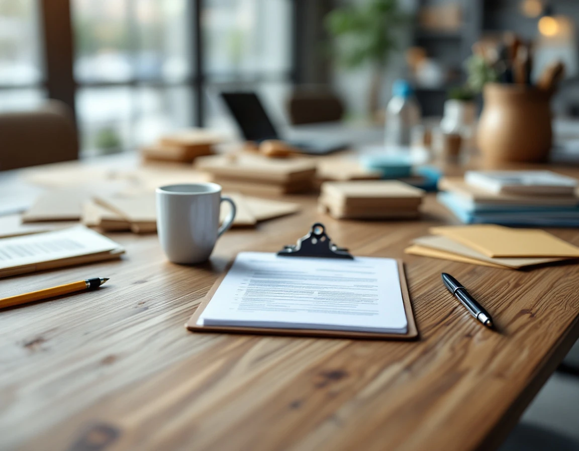 Organized wooden desk with coffee mug and blurred paperwork in natural office lighting