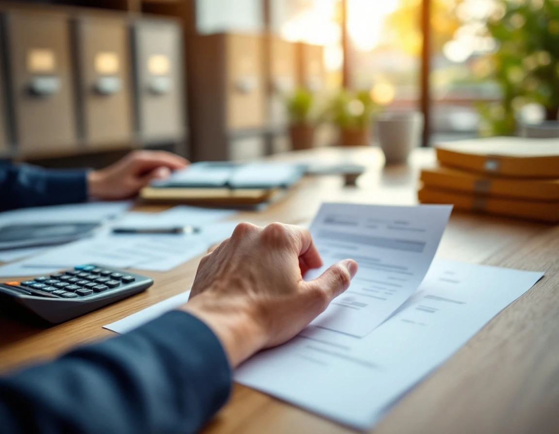 Hand reviewing blurred shipping invoice on office desk with calculator and file folders
