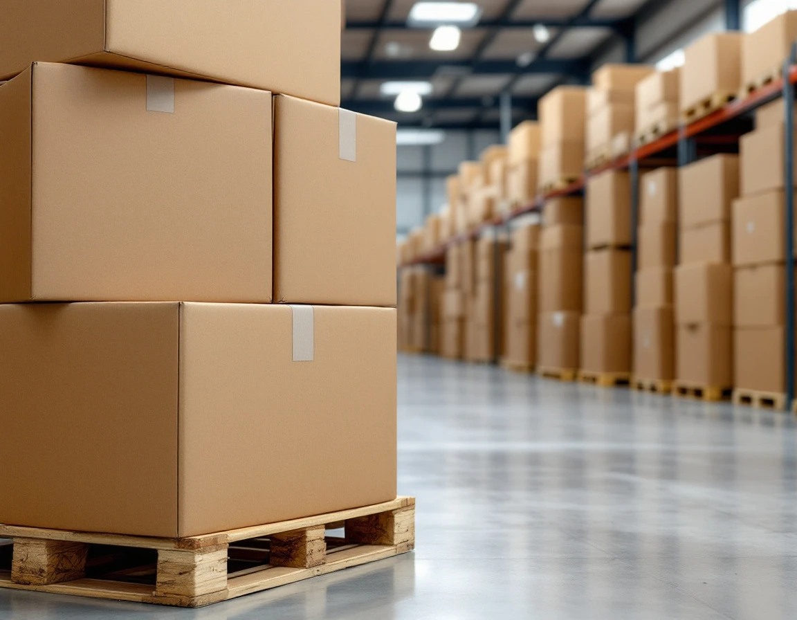 Stacked blank cardboard shipping boxes on wooden pallets in distribution warehouse under natural lighting