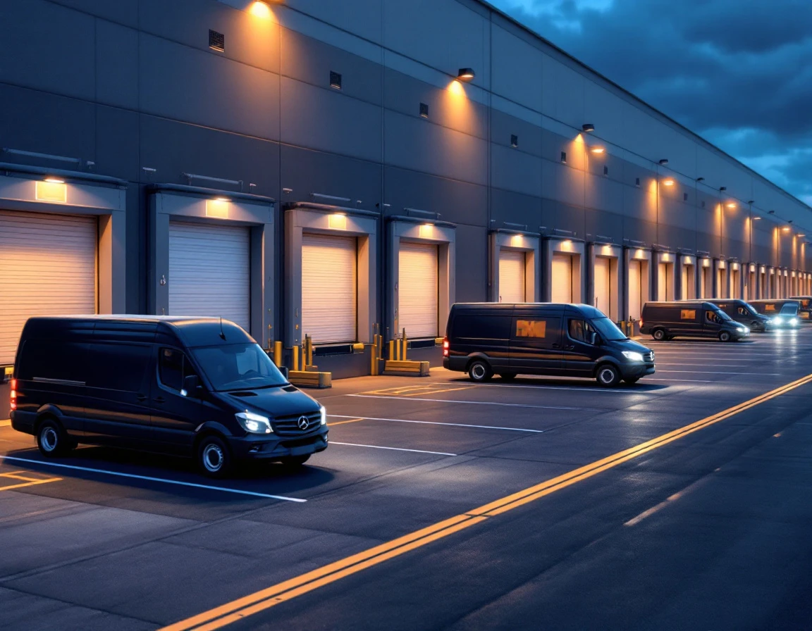Modern warehouse loading dock with delivery vans organized in rows at distribution facility