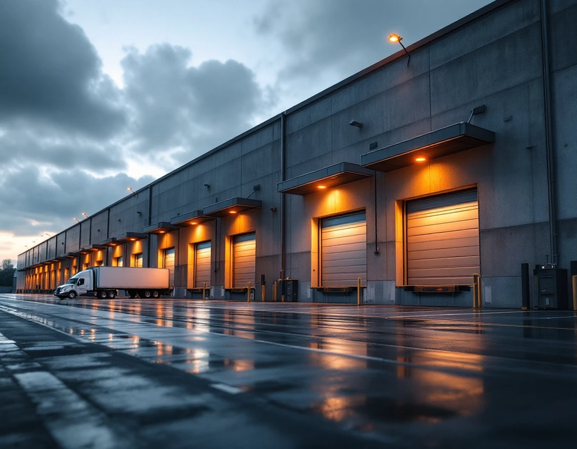 Modern logistics warehouse with loading docks and delivery vehicles during evening hours